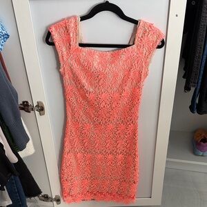 Coral Lace Cap-Sleeve Mini Dress